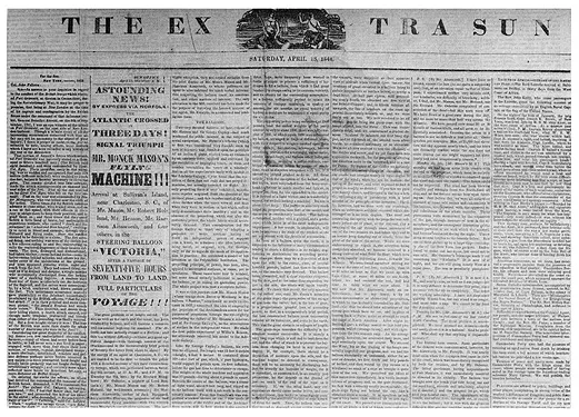 Cover of Astounding News! By Express via Norfolk: the Atlantic crossed in three days! Signal triumph of Mr. Monck Mason’s flying machine!!! Arrival at Sullivan's Island, near Charlestown, S. C., of Mr. Mason, Mr. Robert Holland, Mr. Henson, Mr. Harrison Ainsworth, and four others, in the steering balloon “Victoria,” after a passage of seventy-five hours from land to land. Full particulars of the voyage!!!