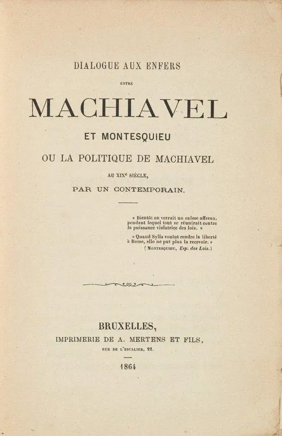 Cover of The Dialogue in Hell Between Machiavelli and Montesquieu